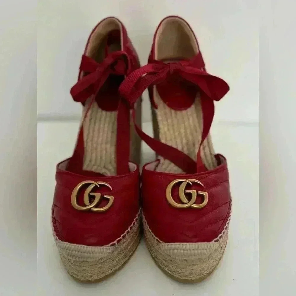Gucci Red Leather Wedge Espadrilles with Gold Double G - Picture 5 of 6